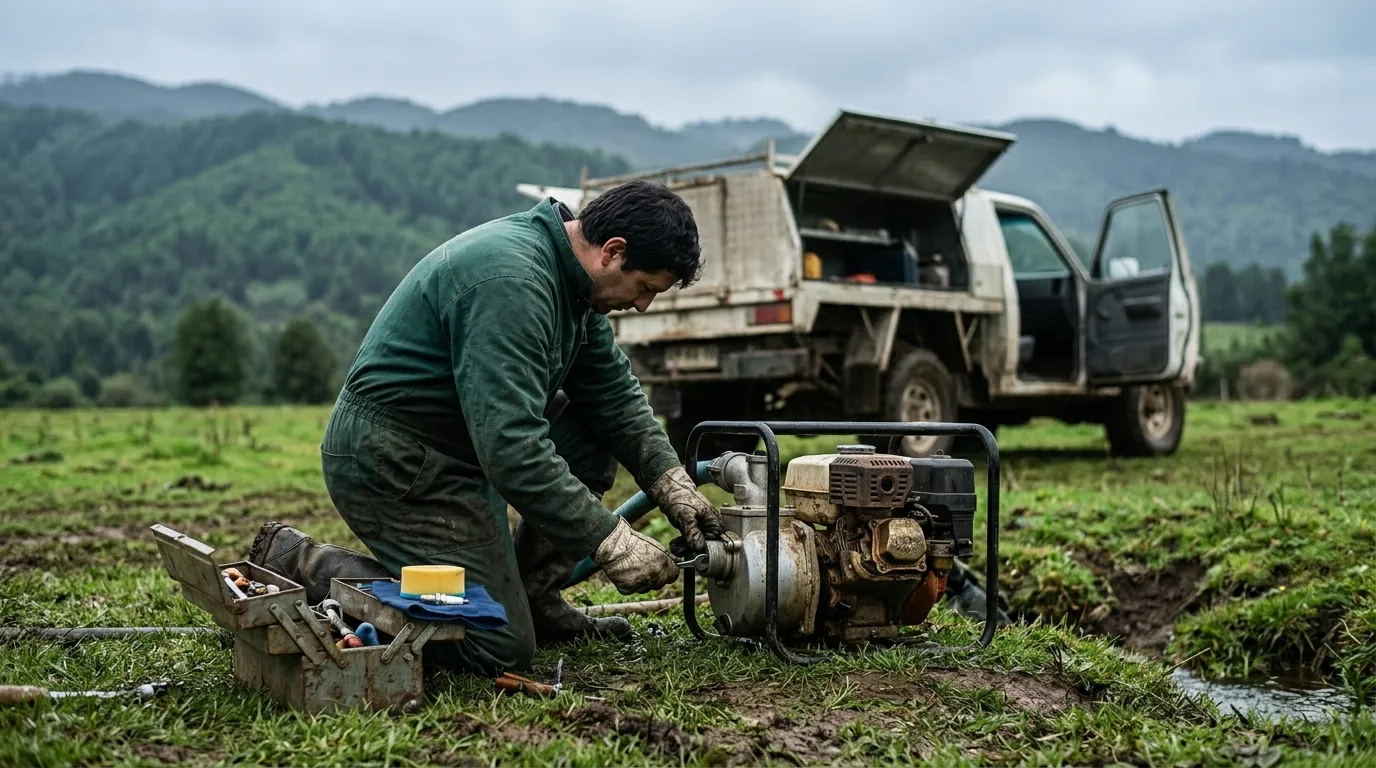 Técnico revisando una motobomba en terreno, junto a la camioneta de trabajo